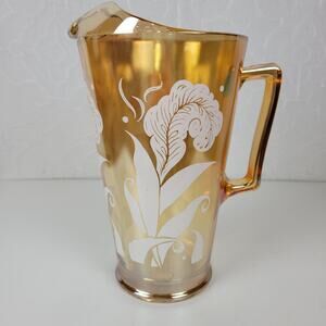 Vintage Jeanette Marigold Pitcher 9" Amber Peach Carnival Glass Feather